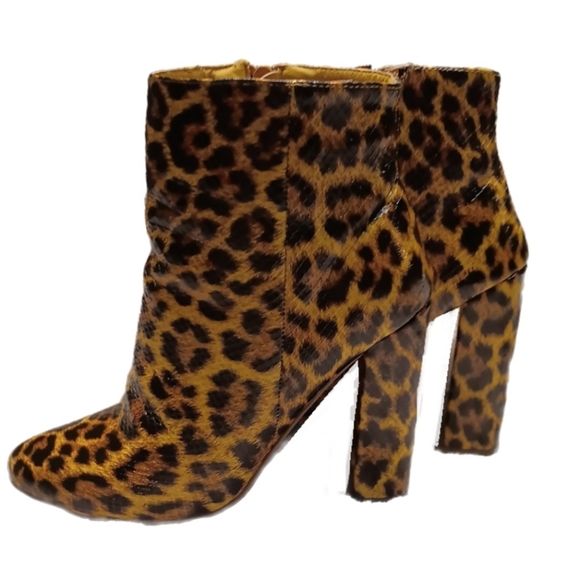 Leopard Print Ankle Booties Mob Wife Wm 8 Zip Closure 4" Block Heel Yellow Brown - Picture 4 of 5